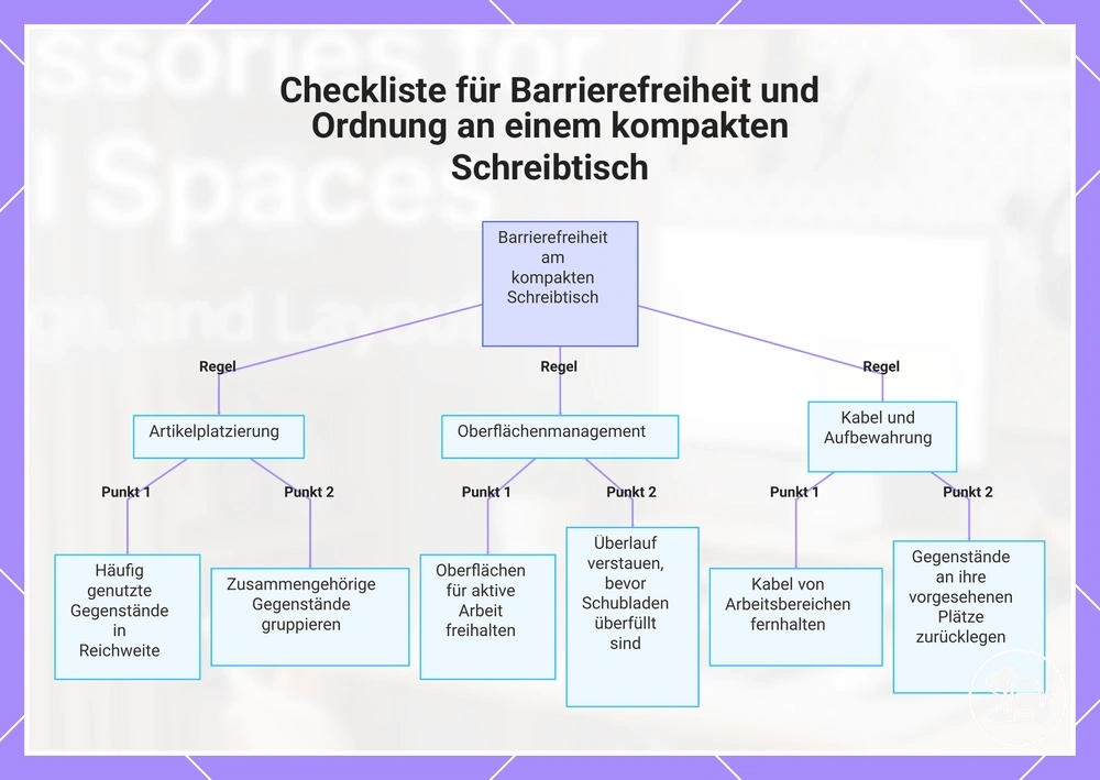 Checkliste für Zugänglichkeit und Ordnung an einem kompakten Schreibtisch