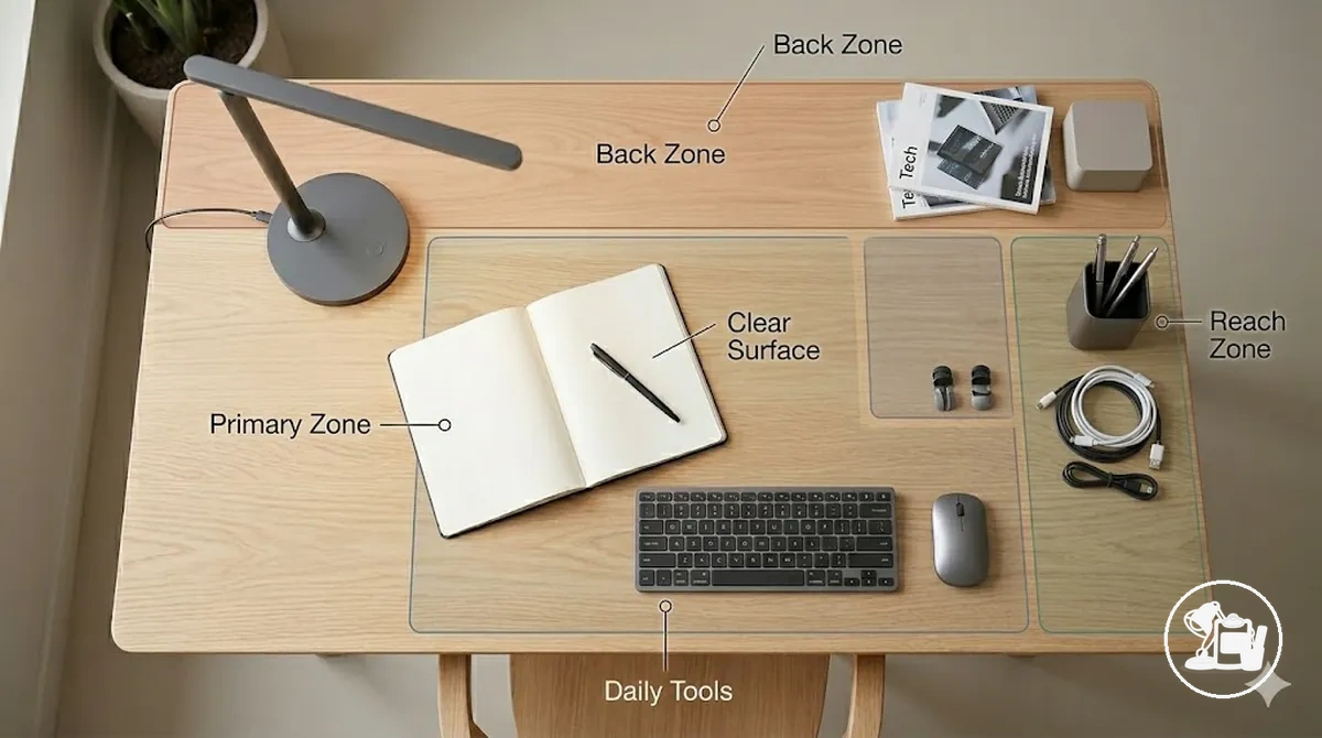 Annotated desk illustration showing primary work zone, reach zone, and back or side zones with grouped desk accessories and clear work surface