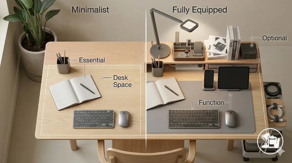 Illustration showing accessory scope changes between minimalist and full study desk setups with organizer, lamp, mat, cable control, storage, stand, and writing support