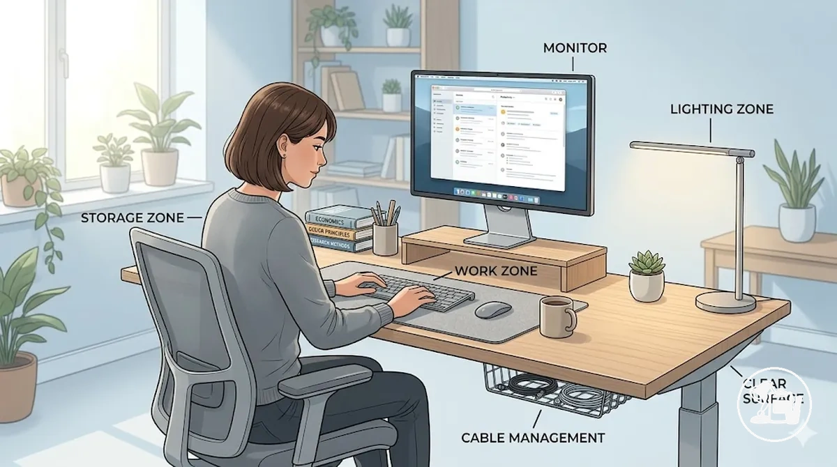 Annotated example showing open desk surface, grouped accessories, clear lighting, visible spacing, and low-clutter storage for a clean study desk layout