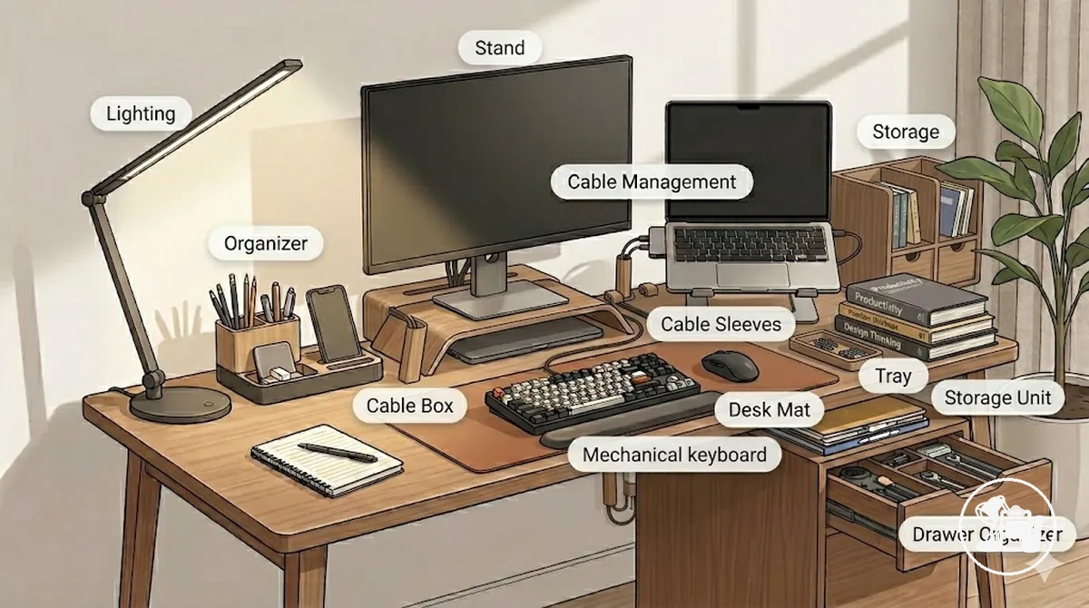 Study desk showing organizers, storage units, trays, and cable control accessories