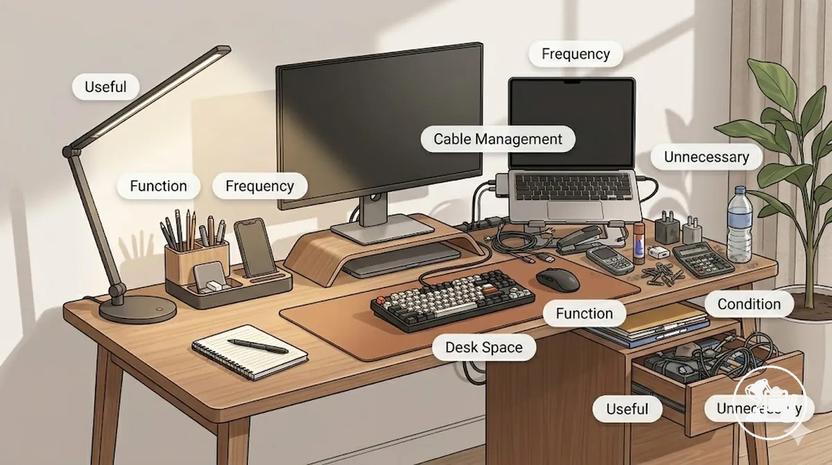 Comparison of useful and unnecessary study desk accessories highlighting function and desk-space management