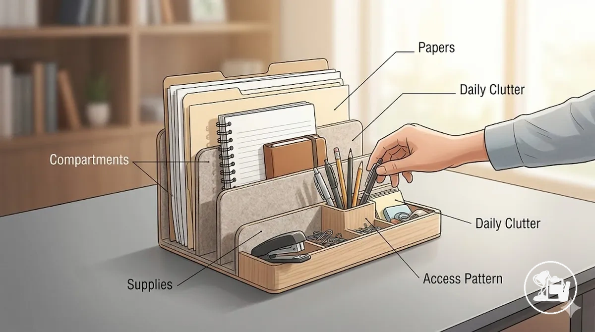 Desk organizer holding supplies and papers to reduce daily clutter