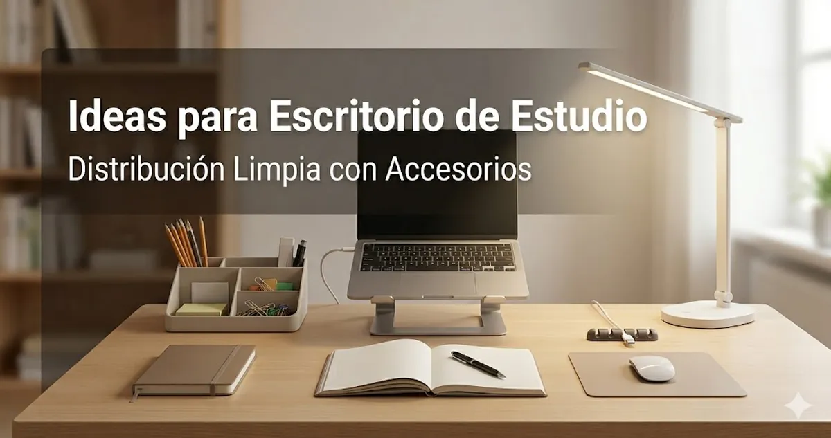 Ideas de escritorio de estudio limpio con accesorios de organización, iluminación y gestión de cables