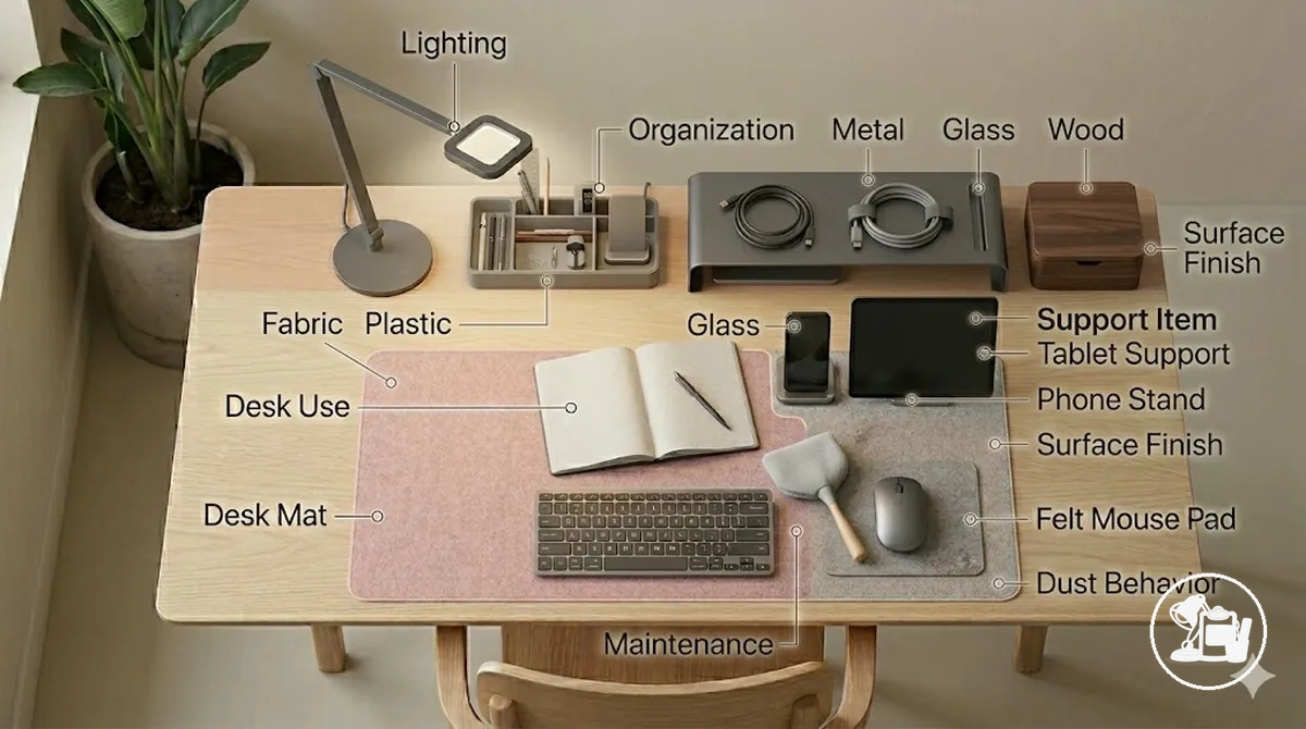 Materiales de accesorios para escritorio de estudio con pautas de limpieza