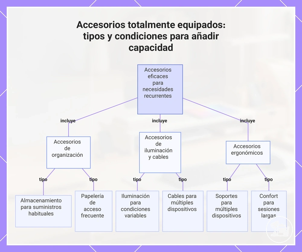 Configuración de escritorio completamente equipada: almacenamiento, iluminación ajustable, gestión de cables, soportes de dispositivos y organización adicional