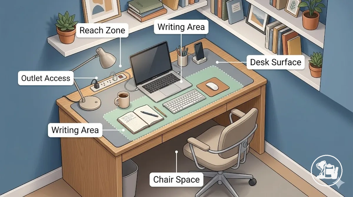 Escritorio que ilustra las limitaciones de espacio y las consideraciones de ajuste para accesorios de estudio pequeños