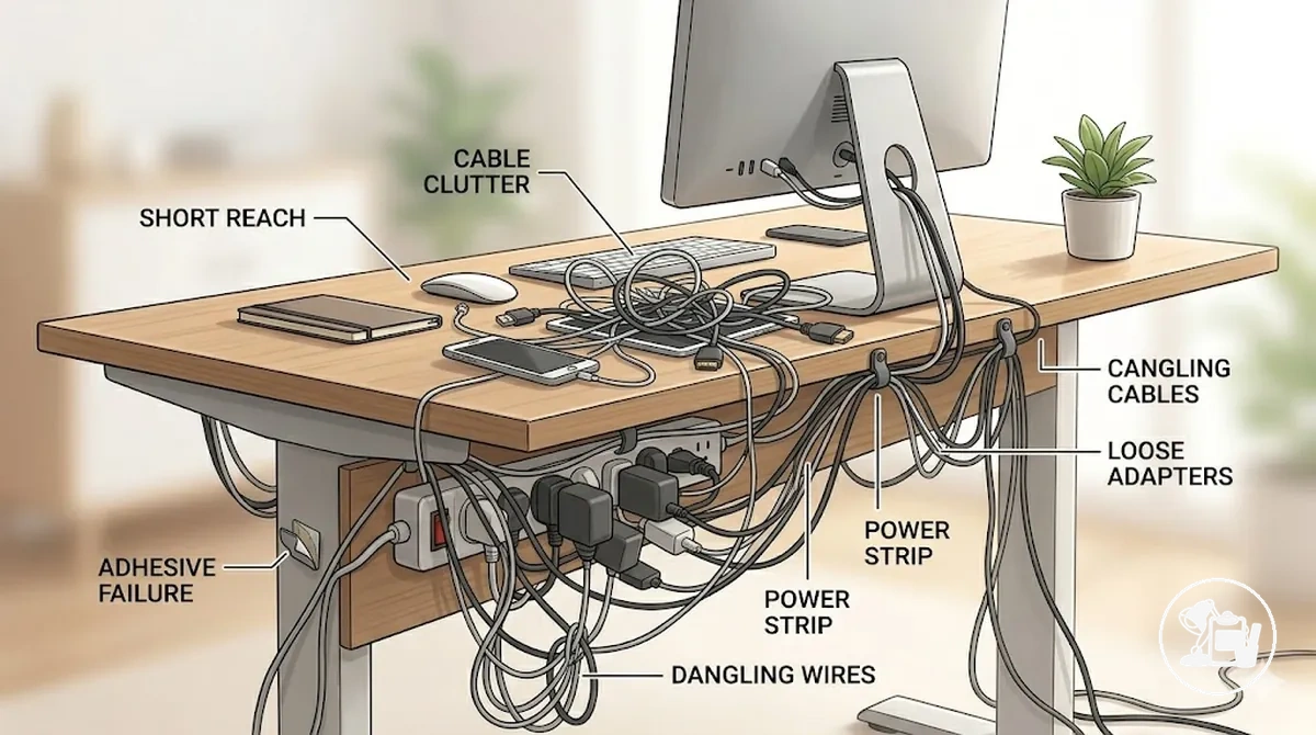 Ilustración de problemas comunes de cables del escritorio que muestra desorden, cables colgantes, alcance corto, adaptadores sueltos y fallo del adhesivo con sugerencias de accesorios