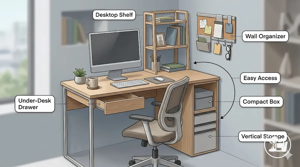 Solutions de rangement compactes et organiseurs multifonctions disposés autour d’un petit bureau d’étude
