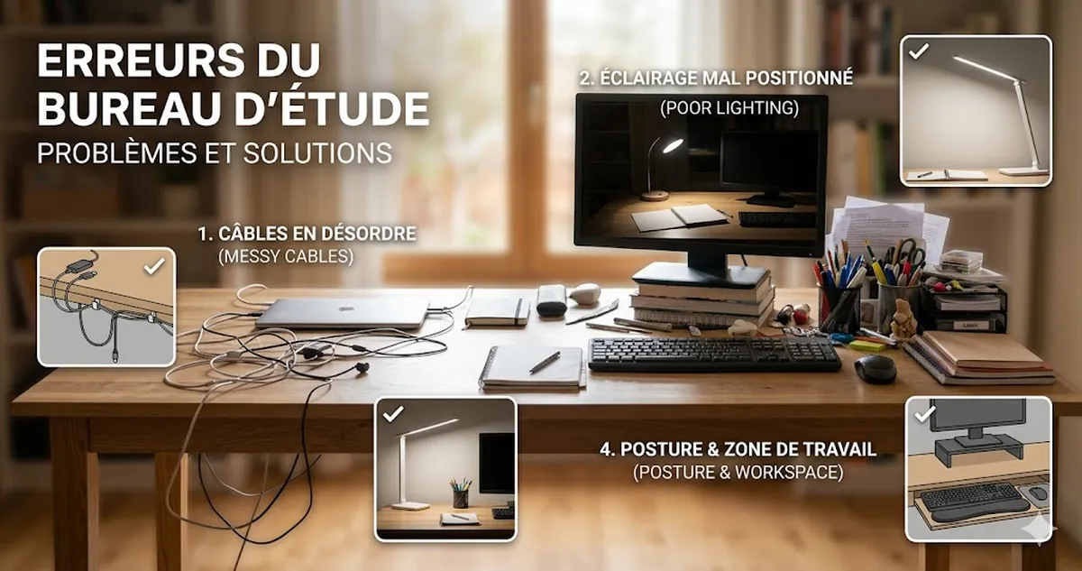 Erreurs courantes avec les accessoires d’un bureau pour étudier : câbles désordonnés, mauvais éclairage et rangement saturé