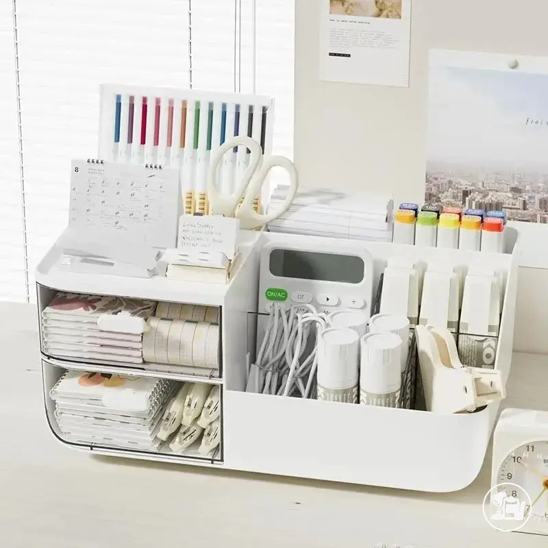 Organizador de mesa com gavetas transparentes e porta-canetas