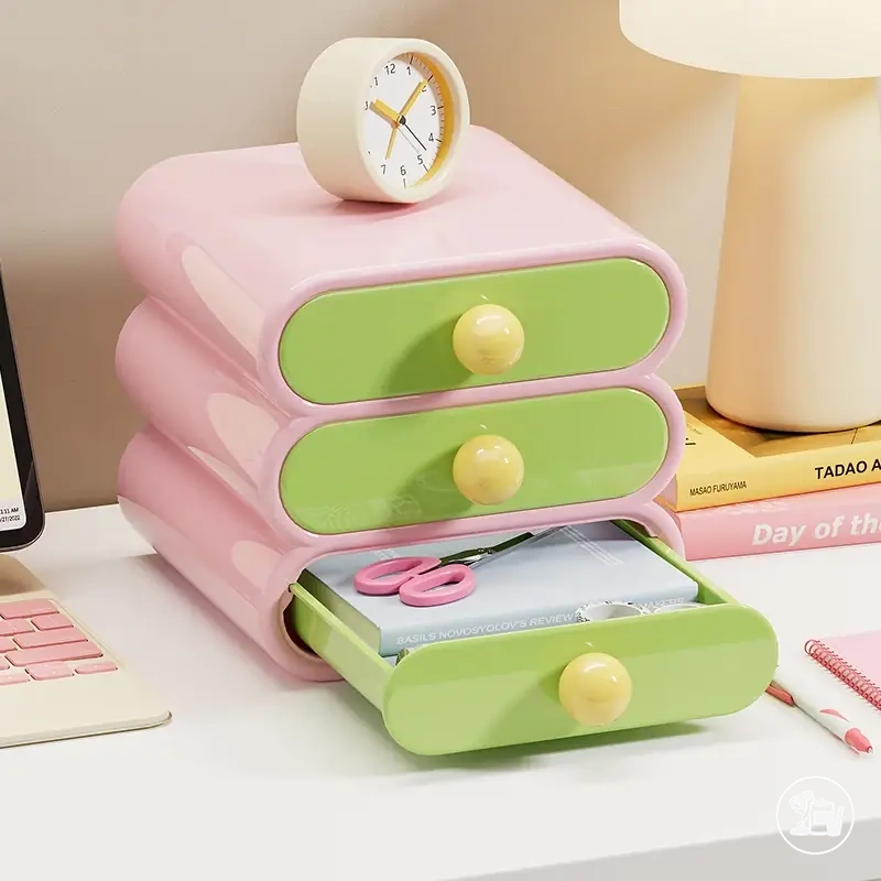 Organizador de mesa de três níveis com gavetas para papelaria e dormitório