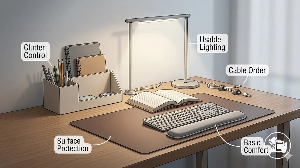 Acessórios para mesa de estudos com orçamento limitado resolvendo desordem, iluminação, ordem dos cabos e proteção da superfície