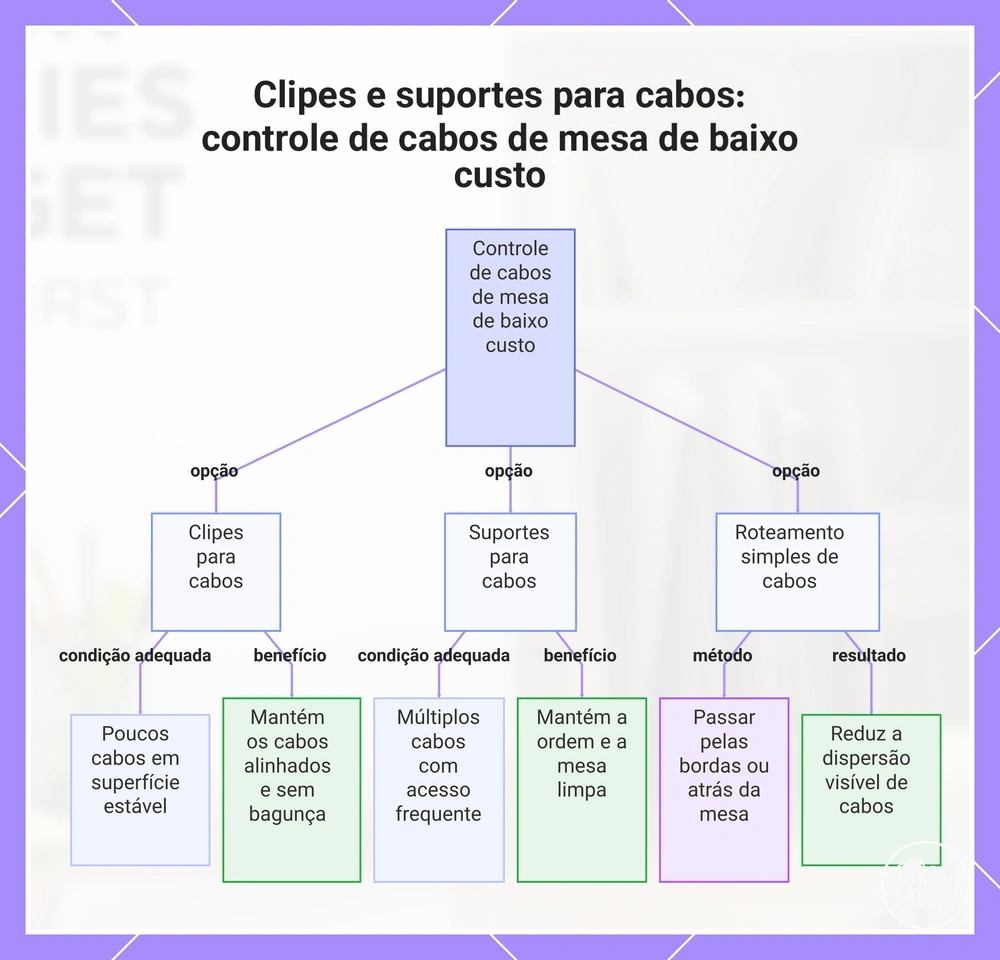Presilhas e suportes para cabos: controle de fios na mesa de baixo custo