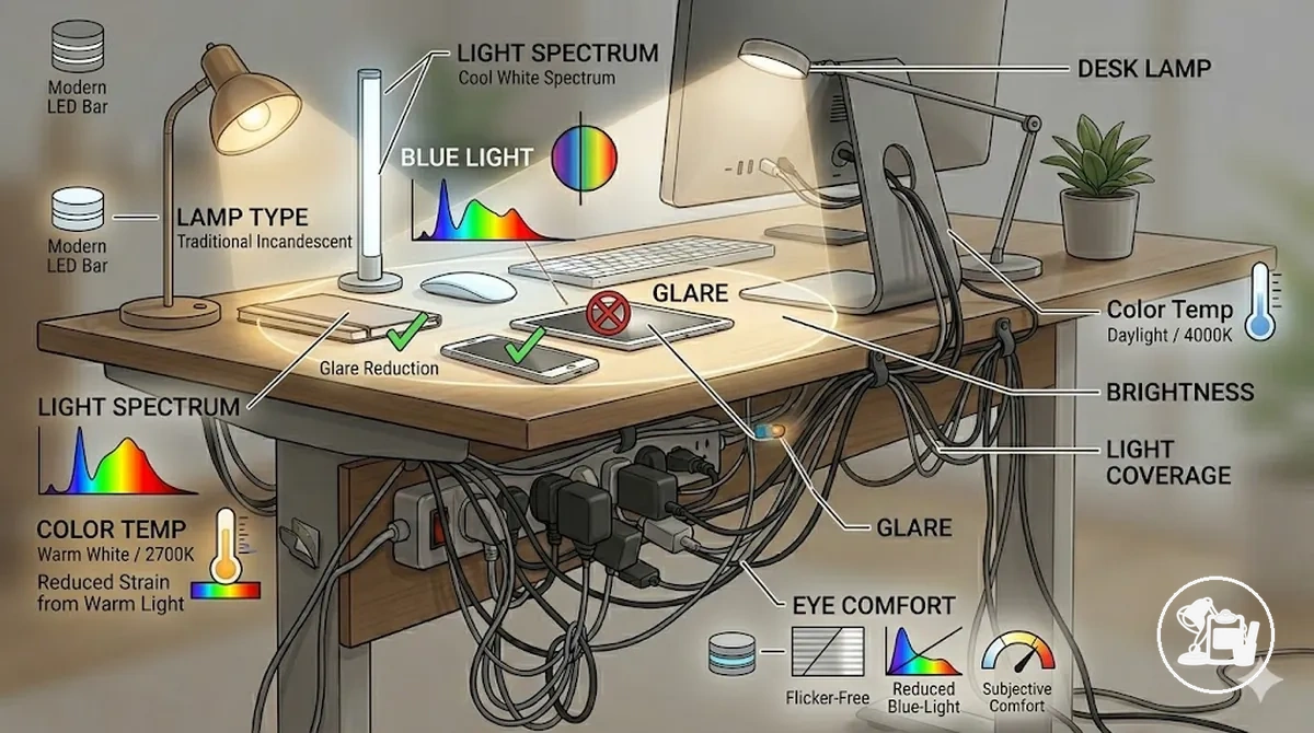 Diagrama mostrando os efeitos do tipo de luminária, brilho e temperatura de cor no conforto visual