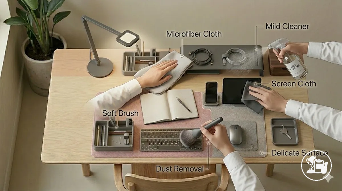 Ferramentas de limpeza essenciais para diferentes acessórios da mesa de estudos