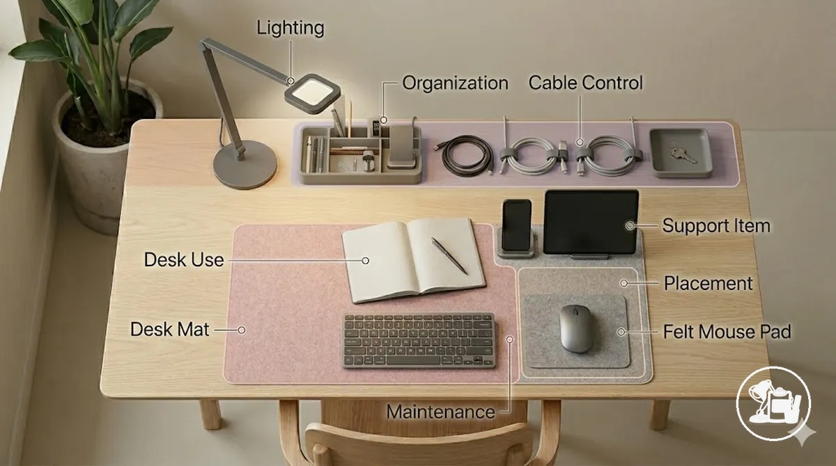 Acessórios para mesa de estudos organizados para mostrar funções de organização, controle de cabos e iluminação
