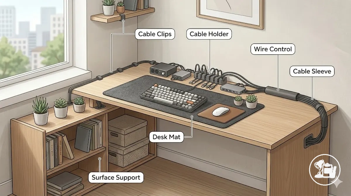 Acessórios de gerenciamento de cabos e apoio de superfície em uma mesa de estudos