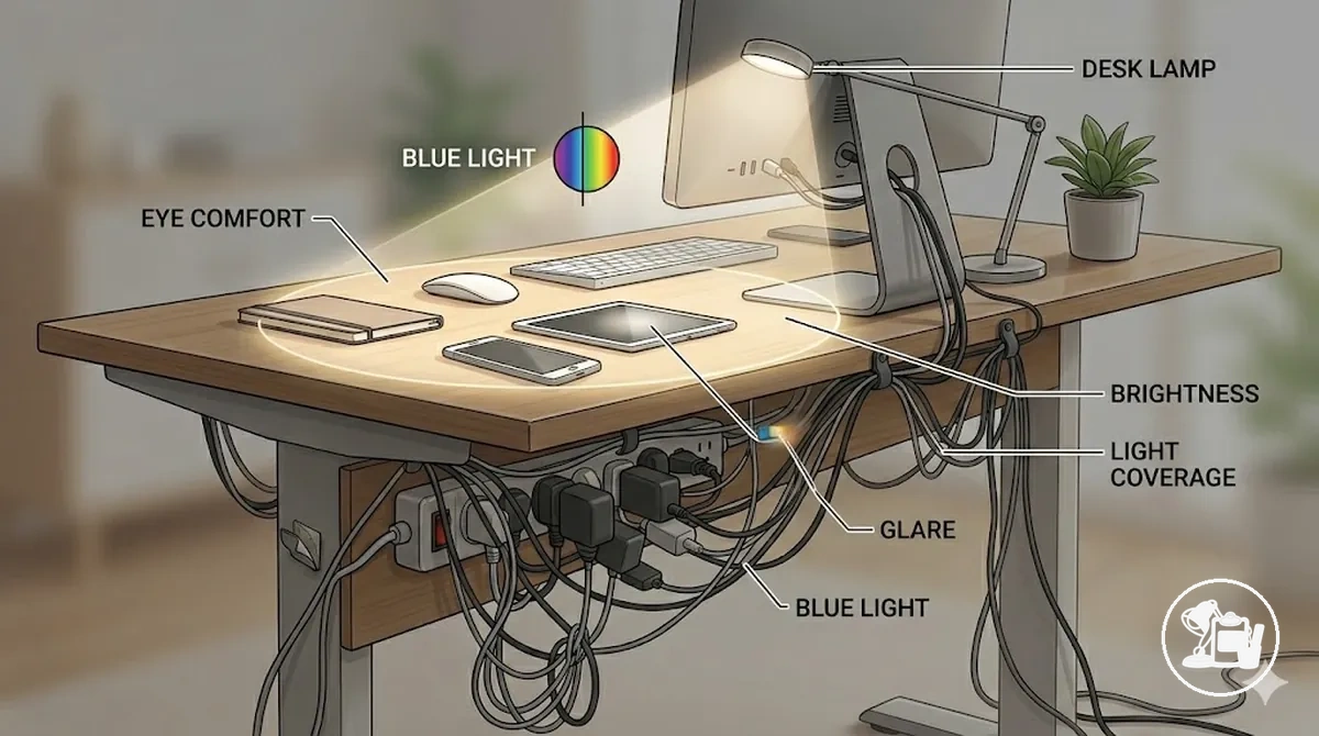 Posicionamento adequado da luminária de mesa ilustrando brilho, ofuscamento e conforto visual