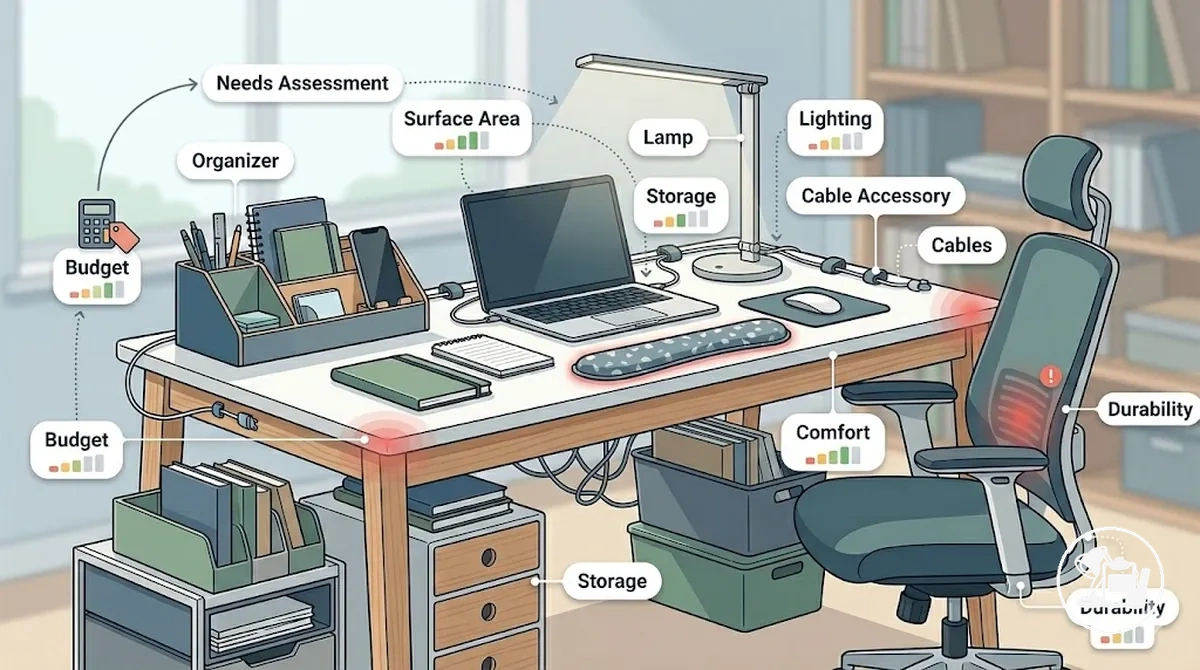 configuração de mesa de estudos mostrando prioridades de seleção de acessórios com base nas necessidades do espaço de trabalho