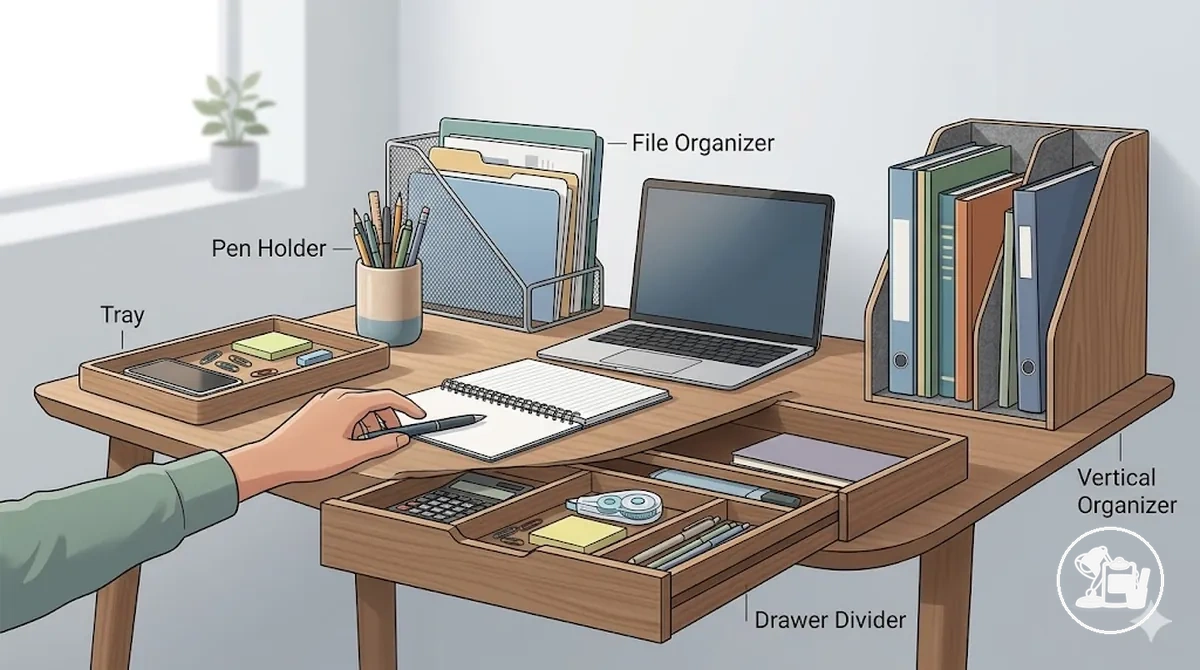 Acessórios de organização para mesa de estudos identificados por bandejas, porta-objetos, divisores de gaveta e organizadores de papéis