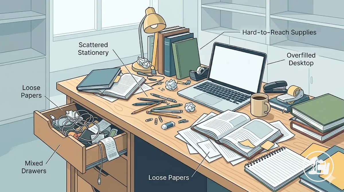 Padrões de bagunça na mesa de estudos mostrando papelaria espalhada, papéis soltos, gavetas misturadas e espaço da mesa lotado