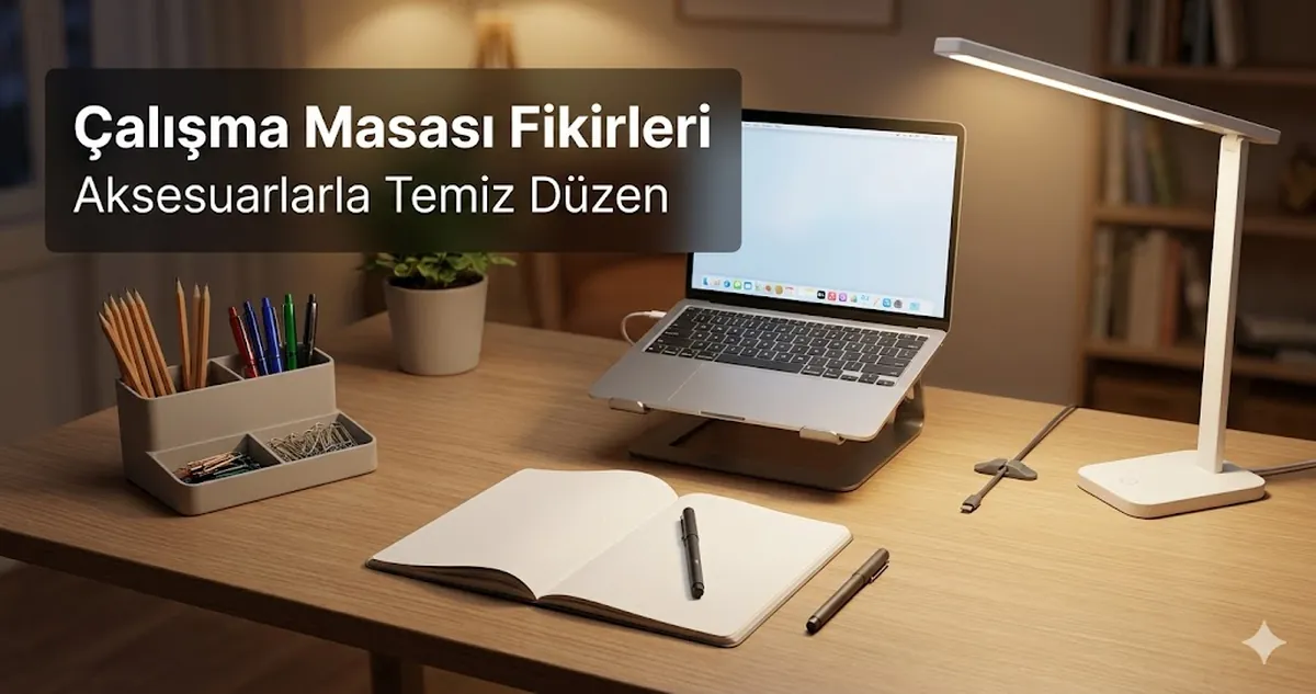 Düzenleme, aydınlatma ve kablo yönetimi aksesuarlarıyla temiz bir çalışma masası düzeni